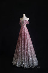 Pretty A Line Off The Shoulder Pink Sequin Long Evening Prom Dress Evening Gowns