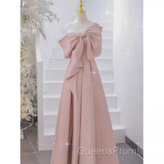 Pretty A Line One Shoulder Pink Satin Long Evening Party Dress Evening Prom Dress With Bowknot
