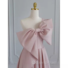 Pretty A Line One Shoulder Pink Satin Long Evening Party Dress Evening Prom Dress With Bowknot