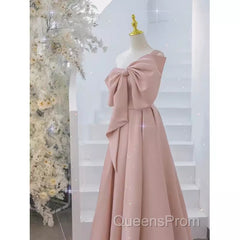 Pretty A Line One Shoulder Pink Satin Long Evening Party Dress Evening Prom Dress With Bowknot