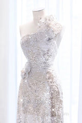 Pretty A Line One Shoulder Silver Sequin Long Length Evening Dress Evening Prom Dress
