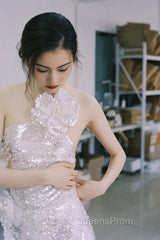 Pretty A Line One Shoulder Silver Sequin Long Length Evening Dress Evening Prom Dress