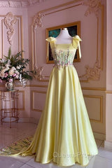 Pretty A Line Straps Satin Yellow Long Evening Prom Dress Formal Evening Dress
