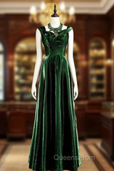 Pretty A Line Sweetheart Ruffles Long Evening Dress Green Velvet Evening Prom Dress