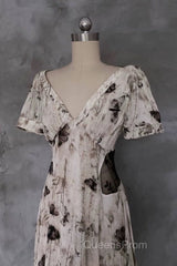 Pretty A Line V Neckline Floral Long Evening Prom Dress Birthday Dress For Women