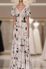 Pretty A Line V Neckline Floral Long Evening Prom Dress Birthday Dress For Women
