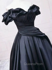 Pretty Ball Gown Off The Shoulder Black Satin Evening Prom Dress Evening Dress With Pleated