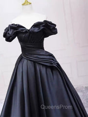 Pretty Ball Gown Off The Shoulder Black Satin Evening Prom Dress Evening Dress With Pleated