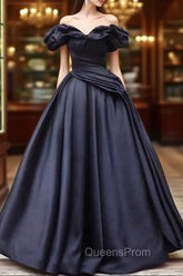 Pretty Ball Gown Off The Shoulder Black Satin Evening Prom Dress Evening Dress With Pleated