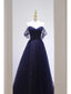 Pretty Ball Gown Off The Shoulder Navy Blue Tulle Long Classy Prom Dress Party Dress