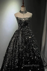 Pretty Ball Gown Strapless Black Sequin Evening Prom Dress Evening Dress