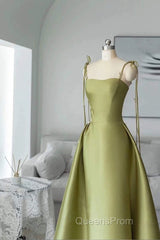 Pretty Ball Gown Straps Sage Green Satin Long Length Evening Dress Evening Prom Dress