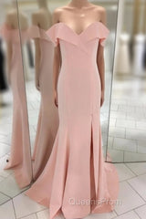 Pretty Blush Pink Mermaid V-Neck Off Shoulder Evening Prom Dress Long