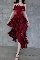 Pretty Irregular Ruffled Spaghetti Straps Burgundy Evening Prom Dress With Detachable Rose Long Birthday Dress For Women