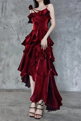 Pretty Irregular Ruffled Spaghetti Straps Burgundy Evening Prom Dress With Detachable Rose Long Birthday Dress For Women