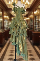 Pretty Irregular Ruffled Spaghetti Straps Green Evening Prom Dress With Detachable Rose Long Birthday Dress For Women