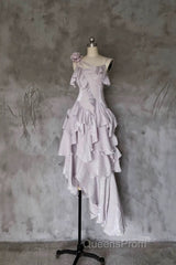 Pretty Irregular Ruffled Suspender Evening Prom Dress With Detachable Rose Long Birthday Dress For Women