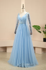 Pretty Light Blue A-Line Puffy Sleeves Party Dress, Light Blue Evening Dress Evening Prom Dress