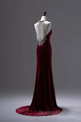 Pretty Mermaid Burgundy Velvet Long Backless Evening Dress Evening Prom Dress