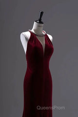 Pretty Mermaid Burgundy Velvet Long Backless Evening Dress Evening Prom Dress