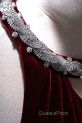 Pretty Mermaid Burgundy Velvet Long Backless Evening Dress Evening Prom Dress