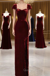 Pretty Mermaid Burgundy Velvet Slit Evening Dress Evening Prom Dress