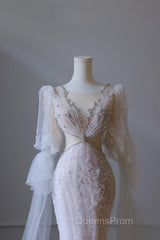 Pretty Mermaid Long Sleeves Pink Evening Prom Dress Evening Gowns