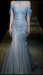 Pretty Mermaid Off The Shoulder Blue Tulle Silver Beads Long Classy Prom Dress Classy Evening Dress