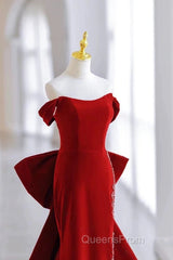 Pretty Mermaid Off The Shoulder Burgundy Satin Long Evening Dress Evening Prom Dress