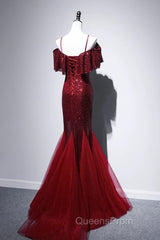 Pretty Mermaid Off The Shoulder Burgundy Sequin Long Evening Dress Evening Prom Dress
