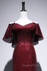 Pretty Mermaid Off The Shoulder Burgundy Sequin Long Evening Dress Evening Prom Dress