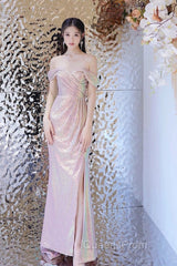 Pretty Mermaid Off The Shoulder Pink Sequin Long Evening Dress Evening Prom Dress