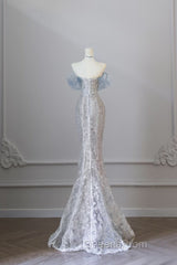 Pretty Mermaid Off The Shoulder Sequin Blue Long Evening Prom Dress Evening Gowns