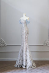 Pretty Mermaid Off The Shoulder Sequin Blue Long Evening Prom Dress Evening Gowns