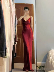 Pretty Mermaid Spaghetti Straps Burgundy Satin Long Floor Length Prom Dresses