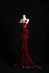 Pretty Mermaid Spaghetti Straps Sequin Beads Burgundy Long Evening Prom Dress Formal Evening Dress