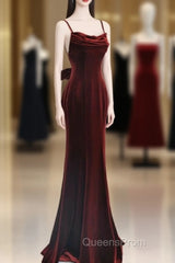 Pretty Mermaid Spaghetti Straps Wine Red Velvet Long Evening Dress Evening Prom Dress