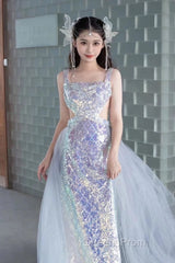 Pretty Mermaid Square Neckline Sequin Long Evening Dress Evening Prom Dress