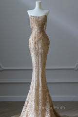 Pretty Mermaid Strapless Gold Sequin Beads Long Evening Prom Dress Formal Evening Dress