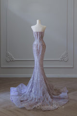Pretty Mermaid Strapless Lilac Sequin Beads Long Evening Prom Dress Formal Evening Dress