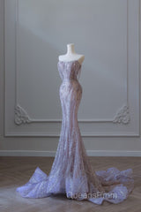 Pretty Mermaid Strapless Lilac Sequin Beads Long Evening Prom Dress Formal Evening Dress