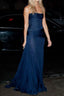 Pretty Mermaid Strapless Navy Blue Classy Prom Dress With Ruffle Long Classy Evening Party Dress
