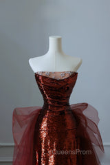 Pretty Mermaid Strapless Sequin Long Burgundy Ruffles Long Evening Prom Dress Formal Evening Dress