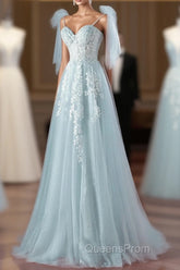 Pretty Mint Blue Tulle With Lace A-Line Long Party Dress, Mint Blue Evening Prom Dress Fornal Dress