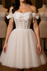 Pretty Off Shoulder Ivory Evening Prom Dress Short, Ivory Homecoming Dress, Formal Graduation Evening Dress
