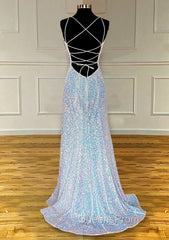 Pretty Evening Prom Dress, Sheath/Column V Neck Spaghetti Straps Sweep Train Sequined Evening Prom Dress With Pleated