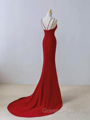 Pretty Red Mermaid Straps Long Evening Dress With Leg Slit, Red Evening Prom Dress