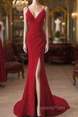 Pretty Red Mermaid Straps Long Evening Dress With Leg Slit, Red Evening Prom Dress