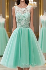 Pretty Round-Neck Lace Tulle Short Green Evening Prom Dress, Lace Homecoming Dress