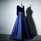 Pretty Royal Blue Long Sleeves Satin with Velvet Party Dress, A-line Long Prom Dress
